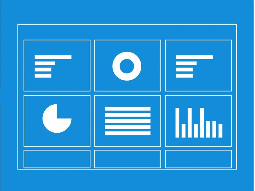 Graphic illustration of traditional dashboard with a 2x3 grid of different data visualizations.