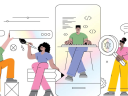 Illustration of four characters in colorful clothes collaborating on an app design project. Life-sized line drawings of icons and coding symbols float throughout the image.