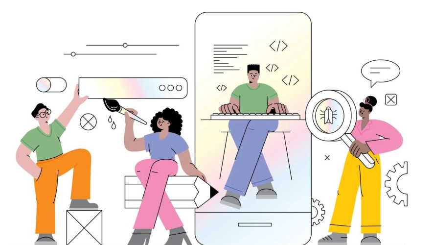 Illustration of four characters in colorful clothes collaborating on an app design project. Life-sized line drawings of icons and coding symbols float throughout the image.