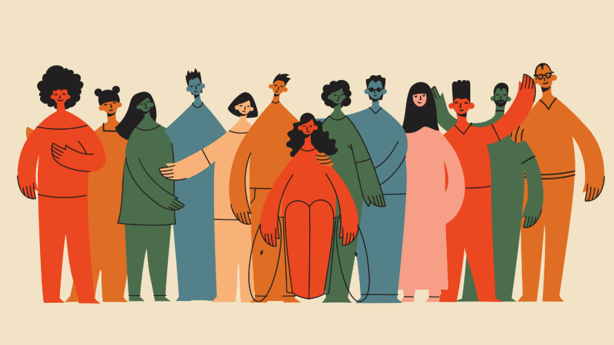 Colorful illustration of a group of diverse people representing how conversation design should reflect the different ways people communicate.