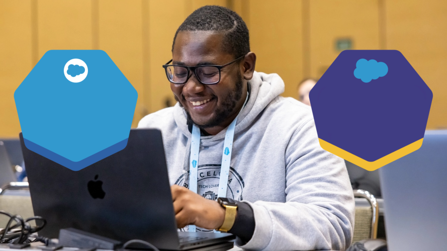 Black man working on a laptop alongside 2 certification icons