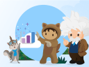 Salesforce characters Flo, Astro, and Einstein pointing at a graph