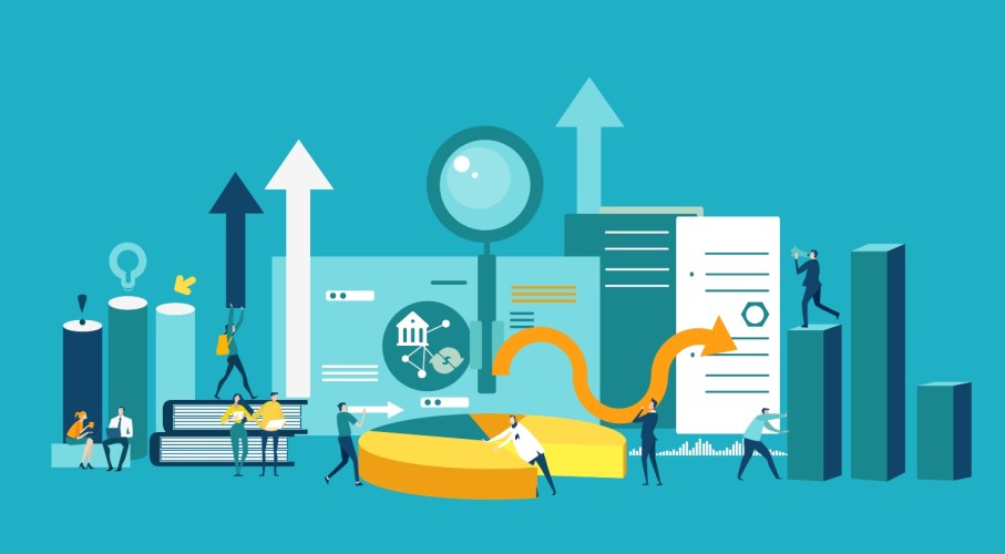 Illustration of business people working together against of note pad, graphs and growth bars, arrows and puzzle pieces and gears, showing competitor analysis.