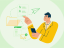Illustration on a green background of a man in a yellow suit pointing at emails / dynamic email content