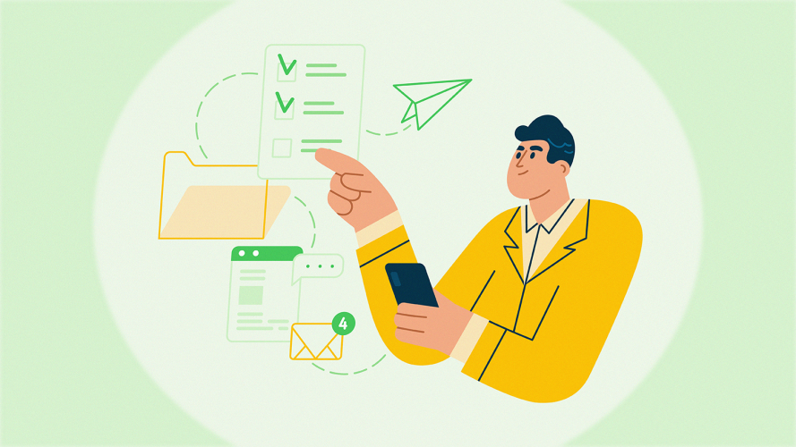 Illustration on a green background of a man in a yellow suit pointing at emails / dynamic email content