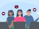 Three illustrated contact center agents provide customer support in an omnichannel contact center.