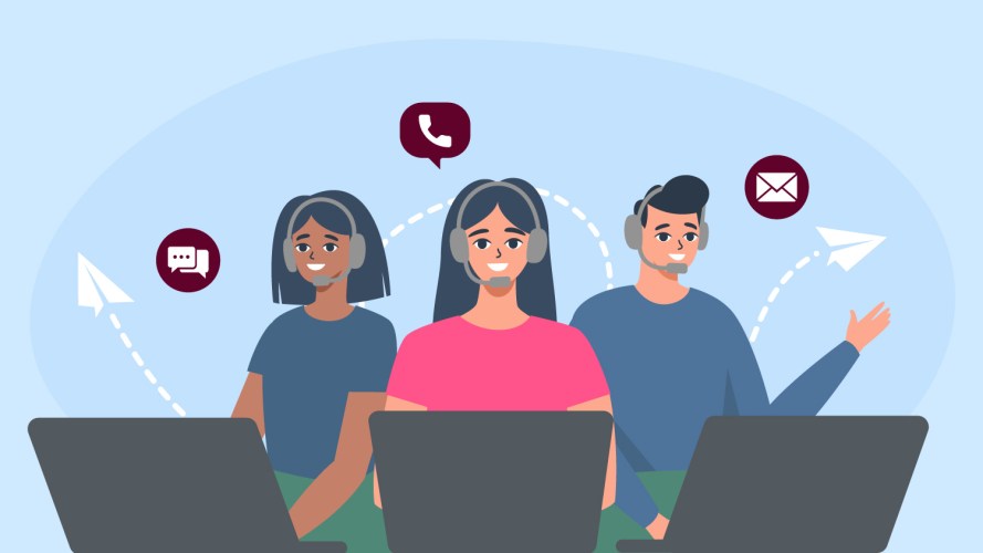 Three illustrated contact center agents provide customer support in an omnichannel contact center.