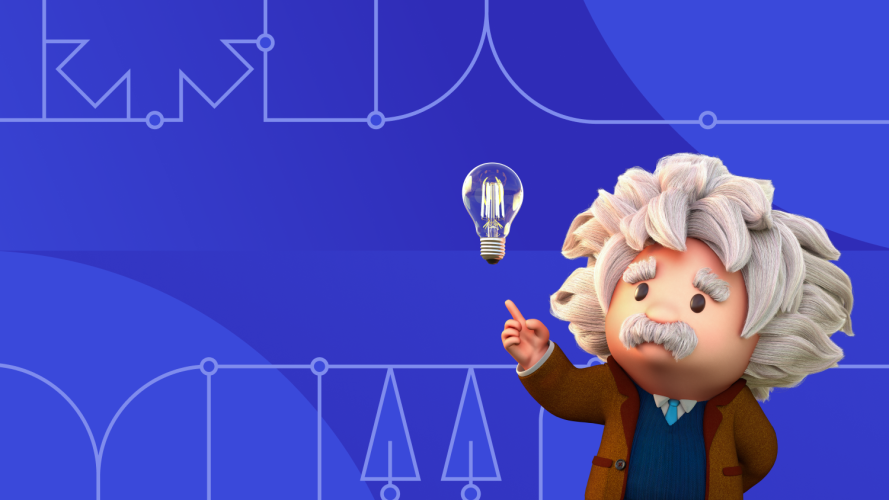 Illustrated depiction of Einstein with a lightbulb