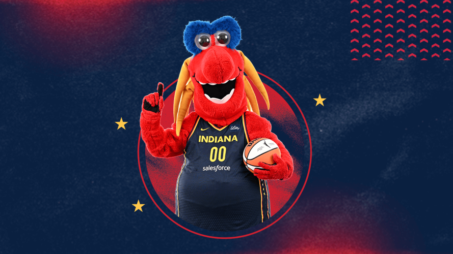Illustration showing WNBA Indiana Fever mascot Freddy Fever / fan experience