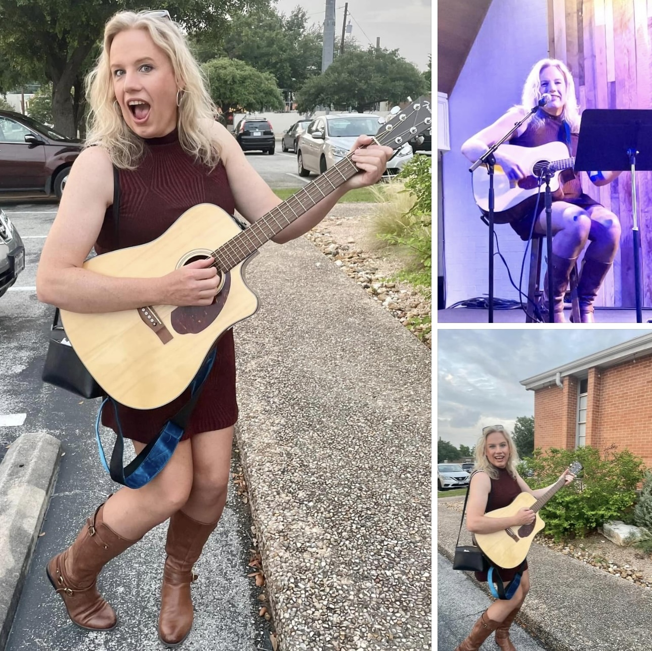 Photos of Jessica playing guitar and singing 