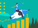 Sales person riding a rocket above a bar chart signifying revenue management