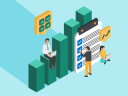 Illustration of a green bar chart representing financial services with a man and a woman on a laptop and a man checking off a checklist.