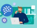 Illustration of a financial services service agent using a laptop with icons representing various aspects of automation in financial services.