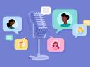 Podcaster’s microphone and images of people speaking in speech bubbles.