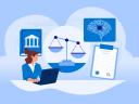 Illustration of a professionally dressed woman on a laptop, while legal and AI symbols are in the background / generative AI regulations