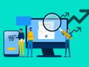Illustration of sales reps standing in front of a computer monitor looking at channel activation plans with a magnifying glass.