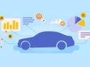 Illustration of a vehicle profile with icons representing various data points coming out of it, including charts, graphs, and alerts.