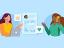 Illustration on a blue background of a woman receiving customer service / customer loyalty