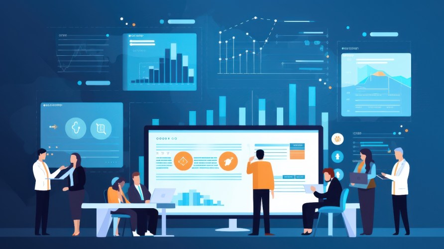 Illustration of business analysis on a computer screen with team.