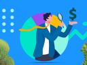 A sales operations leader using a magnifying glass to inspect a dollar sign, which is depicted on an upward arrow.