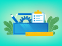 Illustration of a toolbox with pencil, gear, clipboard and ruler.