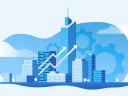 A growing city skyline with digital elements of data streams and gears.