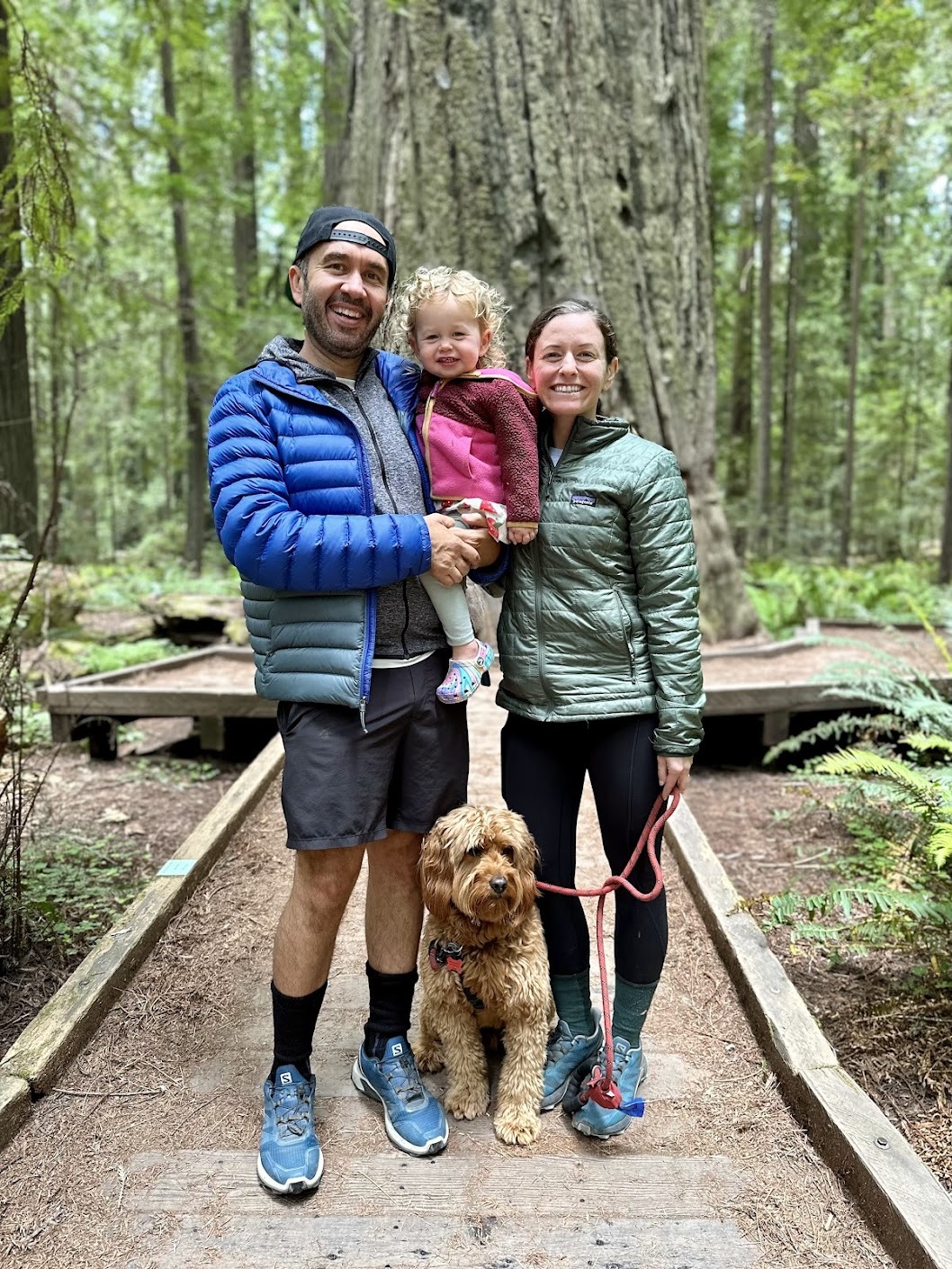 Rachel and her family, hiking at Avenue of the Giants.