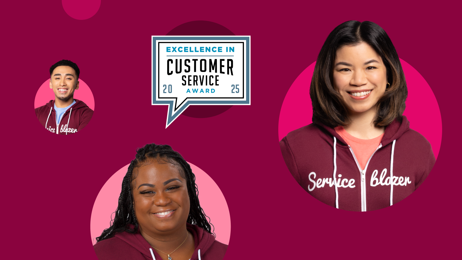 4 smiling Serviceblazers in circles - 3 women and 1 man - all in maroon hoodies with the word Serviceblazer on them