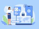 Image shows woman surrounded by security icons.