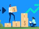 Illustration of sales people stacking boxes with $ on a blue background to represent ASC 606