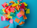 A side-profile illustration of a head covered with colorful sticky notes.