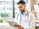 Doctor looking at notes in his office.
