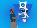 An AI agent and a human worker hold a flag with an image of a checkmark on it: trustworthy AI