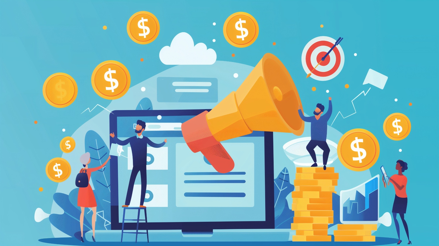 An illustration showing affiliates making money on a computer screen.