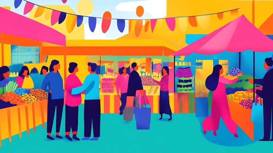 Bright illustration of a marketplace with people