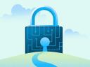 Image shows a path leading to a large lock symbolizing security.