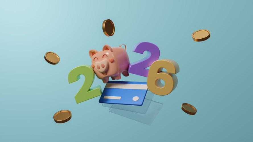The numbers 2026 (with a smiling piggy bank in place of the zero) introduce our yearly retail predictions.