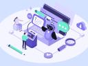 Illustration of artificial intelligence and data analysis featuring a friendly AI robot, people interacting with digital tools, a laptop with code and search icons, and symbols representing cloud storage, magnifying glass for search, and connected workflows.