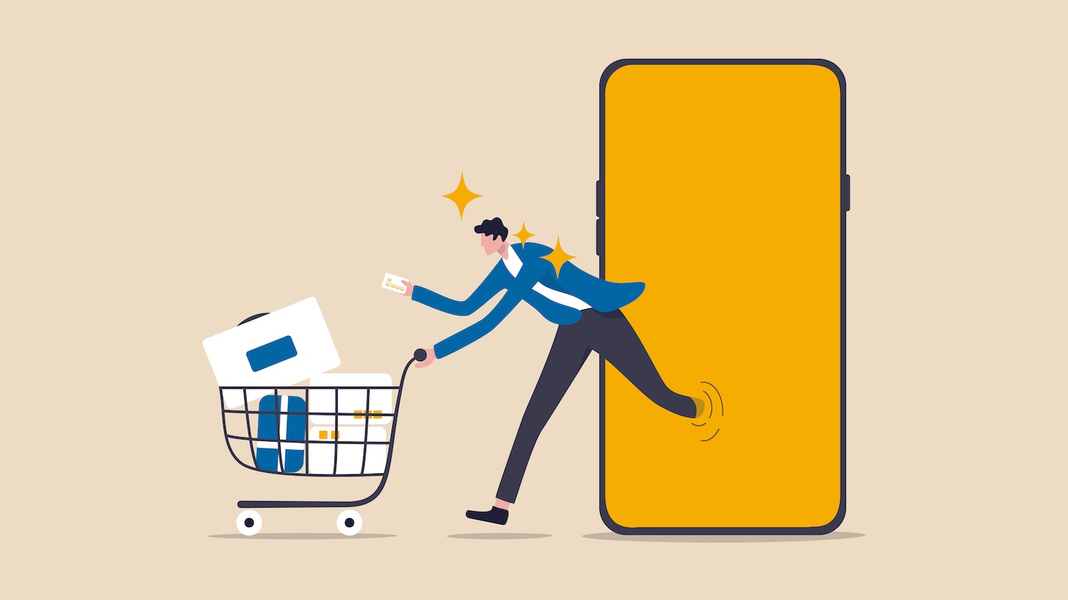 Illustration on a yellow background of a man walking out of his smartphone with a shopping basket full of items