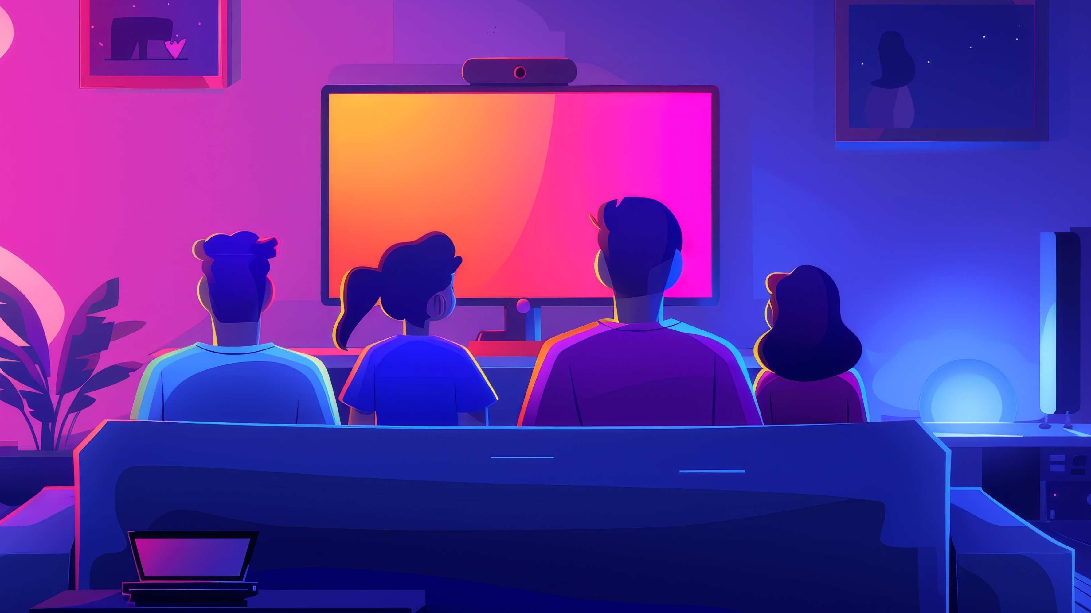 A family is watching television together on a couch in a living room decorated with colorful accents.