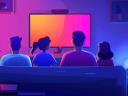 A family is watching television together on a couch in a living room decorated with colorful accents.