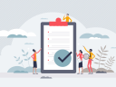 Team members gather around a clipboard with tips to get started with AI agents.