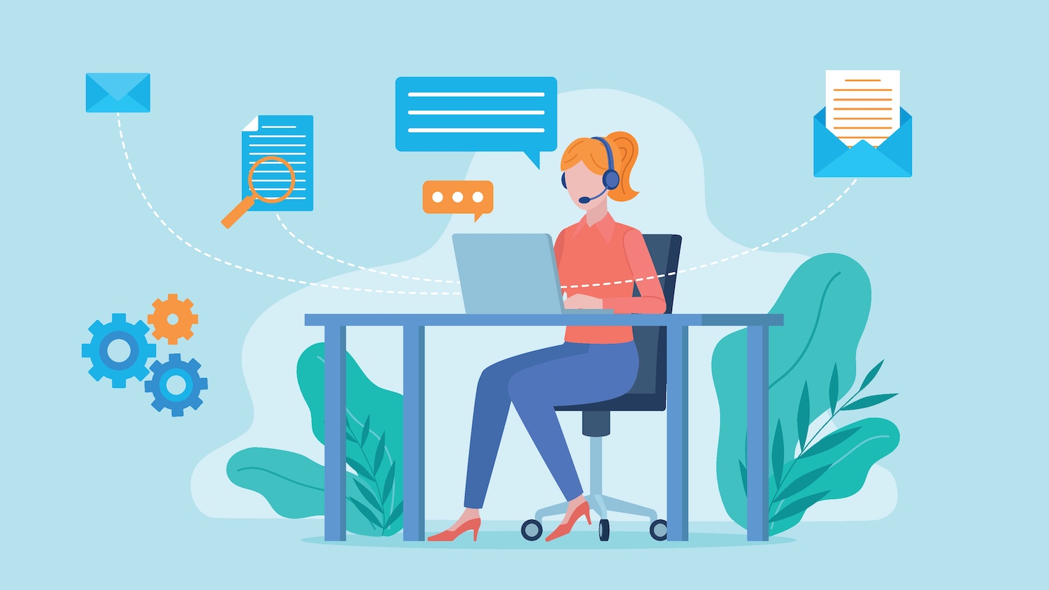 Illustration of a reading businesswoman wearing a headset, working on a laptop. Email, document and gears appear around the figure. / telecommunications automation