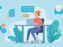 Illustration of a reading businesswoman wearing a headset, working on a laptop. Email, document and gears appear around the figure. / telecommunications automation