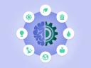 An illustration of a brain and artificial intelligence brain juxtaposed side by side, surrounded by icons depicting various thoughts. / AI agents for climate action