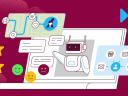 An AI agent interacts with users on a computer screen, surrounded by icons and chat bubbles.