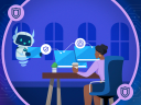 Image of person at a computer interacting with an agent and balancing work & technology.