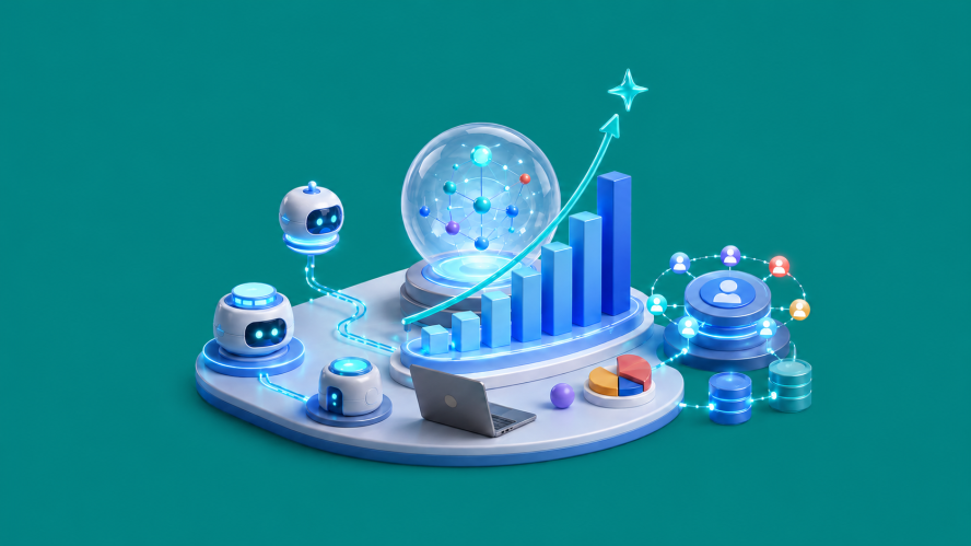 Illustration of AI sales forecasting and AI agents in a globe