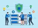 An illustration of a team of three people managing a secure data server.