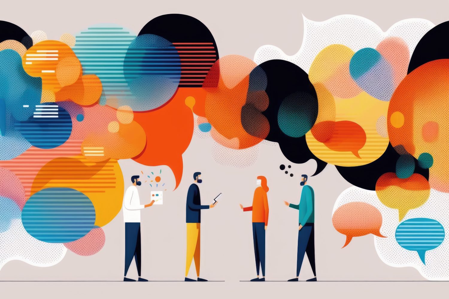 Illustration of a small business team and chat bubbles representing social media.